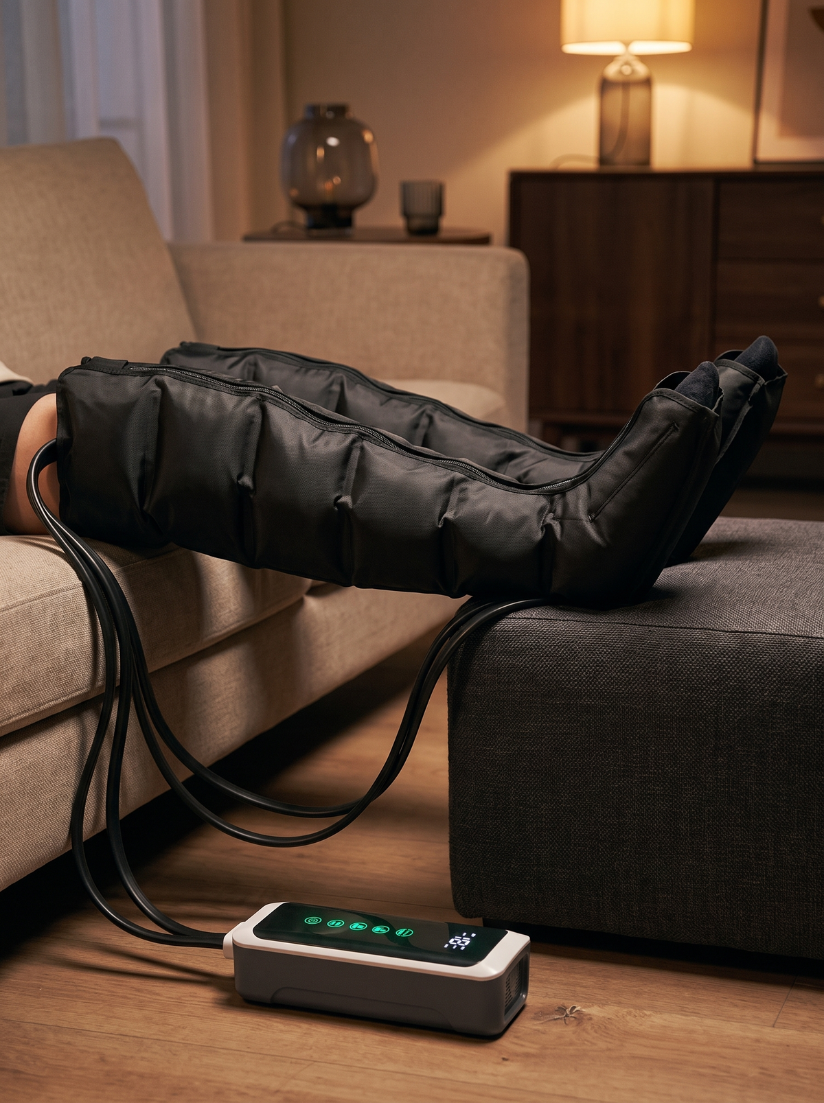 Compression boots in use on the sofa in the evening