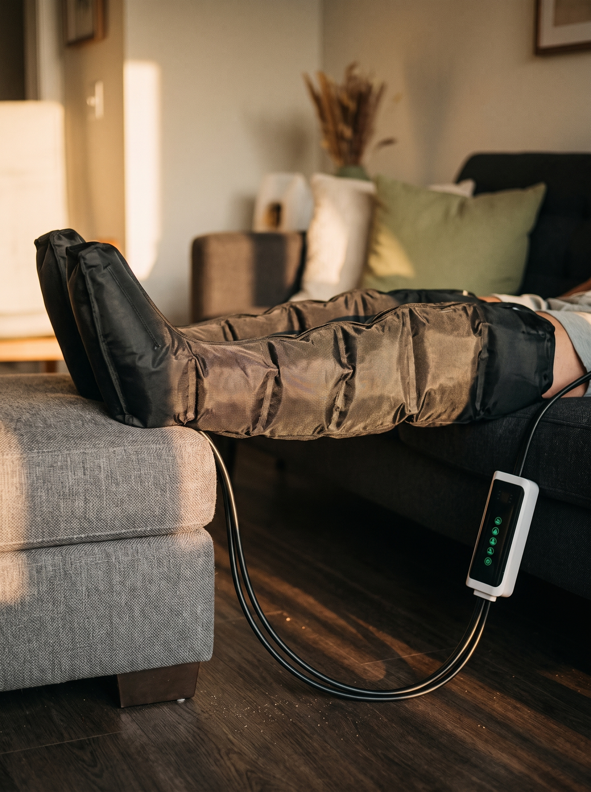 Relaxing with compression boots, feet up on an ottoman Image